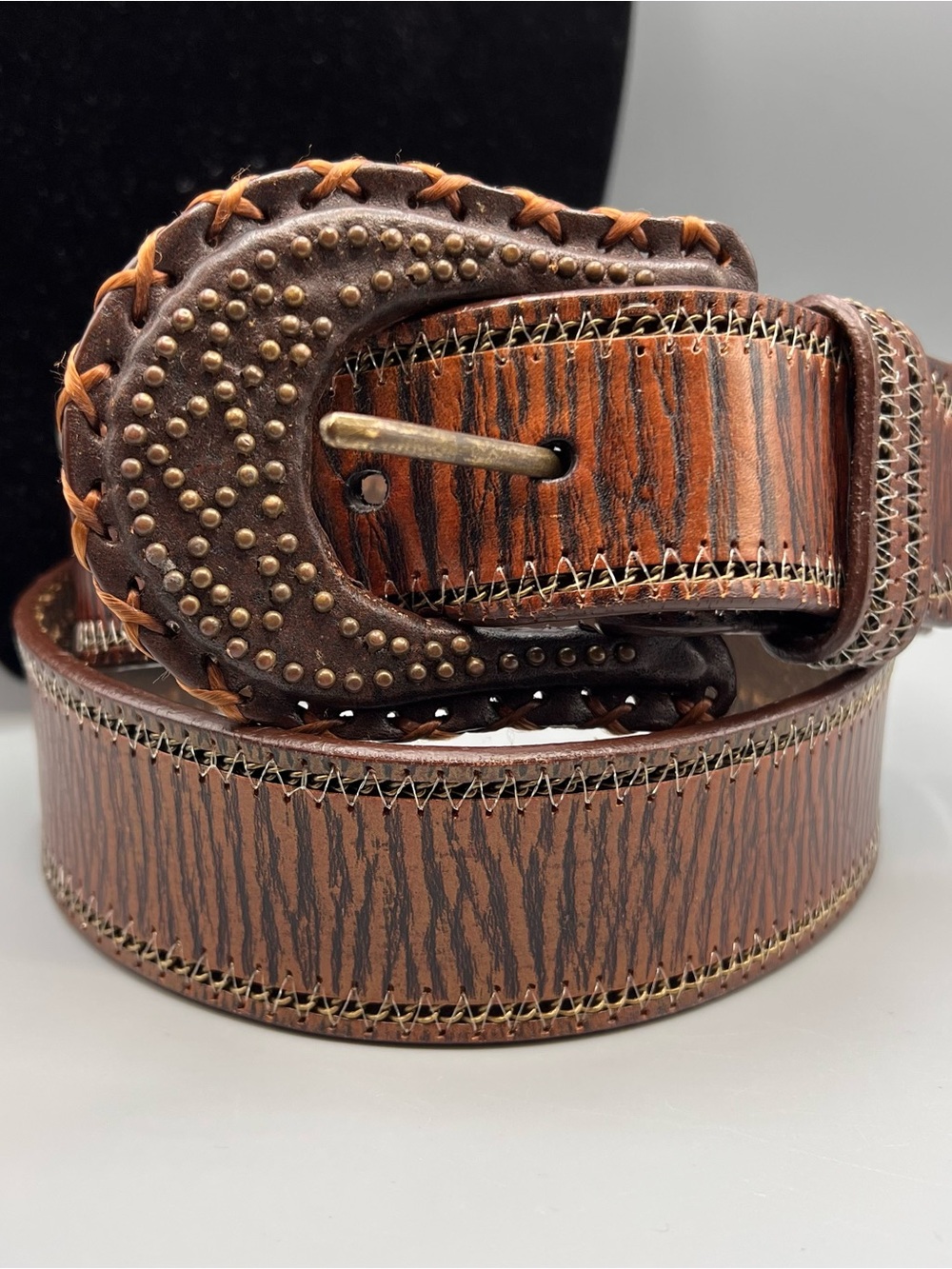 Another line inc. women western, bohemian, brown zebra pattern stitched belt M